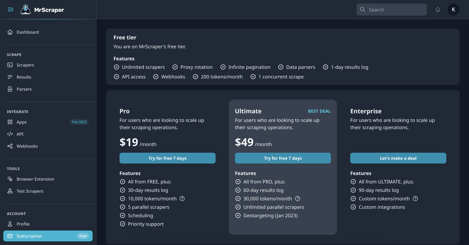 MrScraper pricing